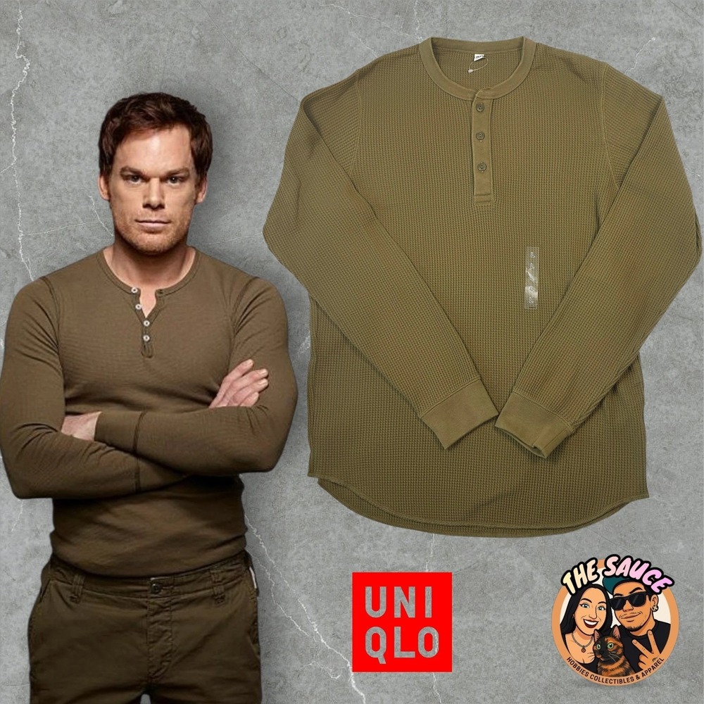 Dexter Morgan Kill Shirt Uniqlo Mens Large Henley Waffle Knit Thermal Top Green